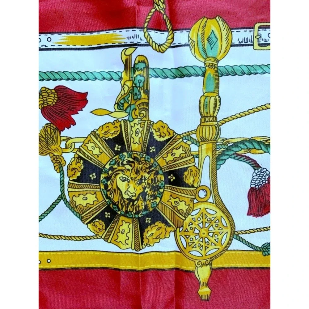 Maria Callas Italy Silk Scarf Equestrian Tassels Medallions Red Gold 34
